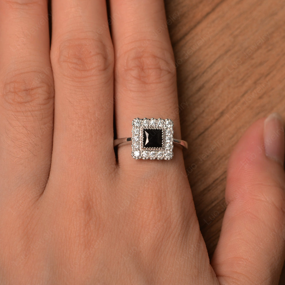 Princess Cut Bezel Black Spinel Halo Ring Silver - LUO Jewelry