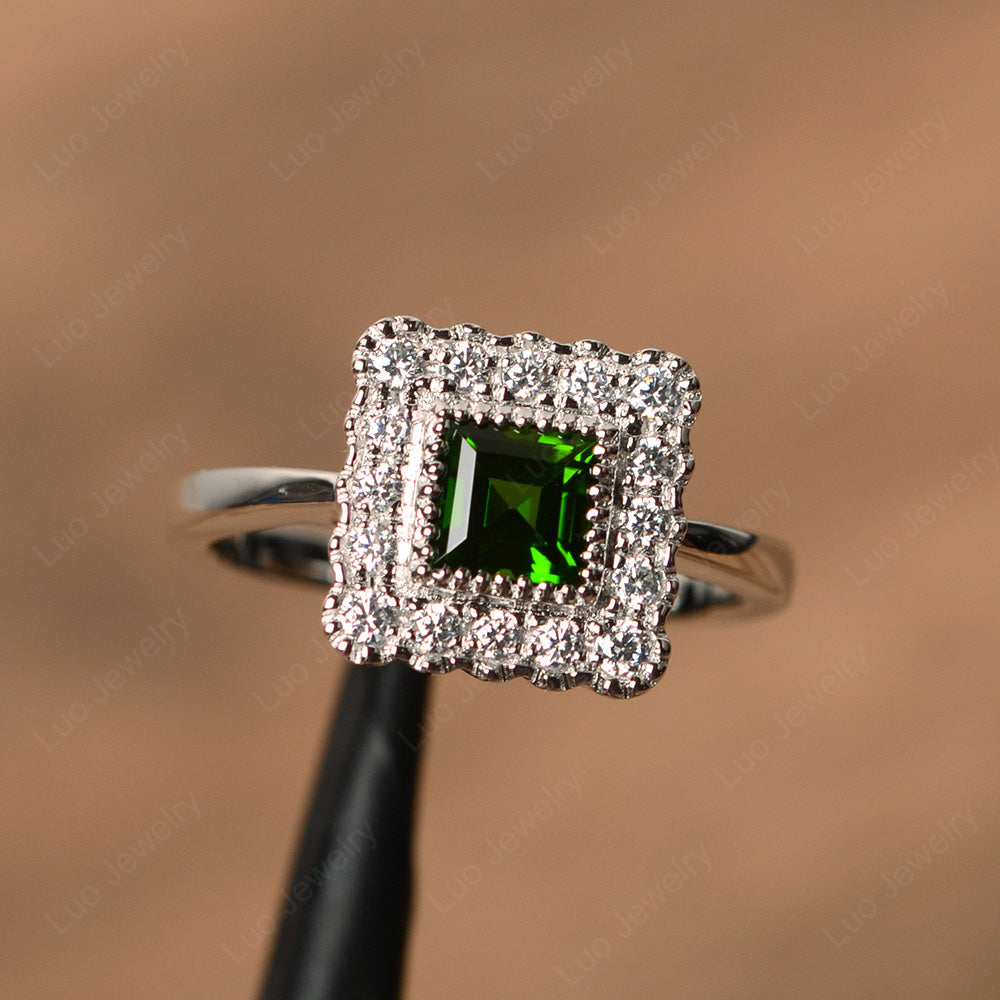 Square Cut Bezel Diopside Halo Ring Silver - LUO Jewelry