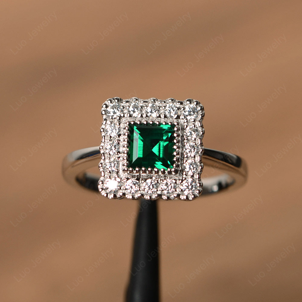 Square Cut Bezel Lab Emerald Halo Ring Silver - LUO Jewelry