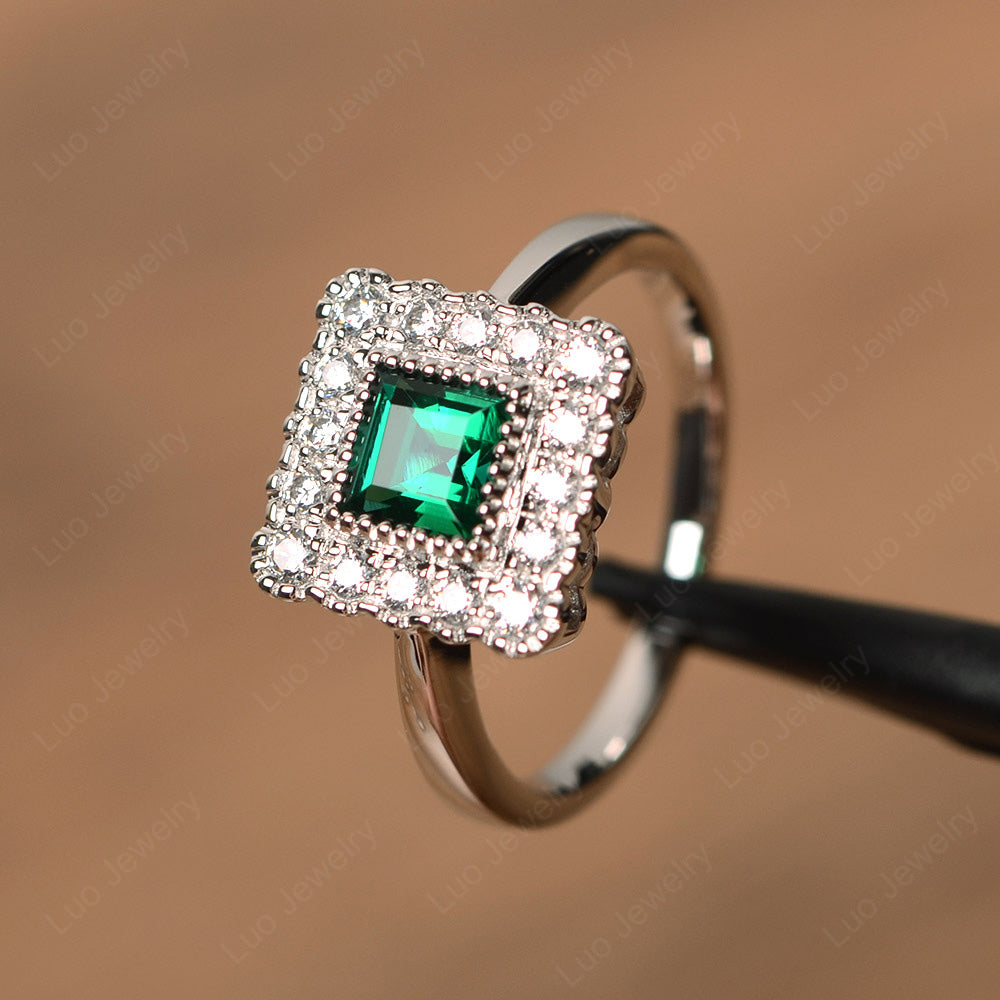 Square Cut Bezel Lab Emerald Halo Ring Silver - LUO Jewelry