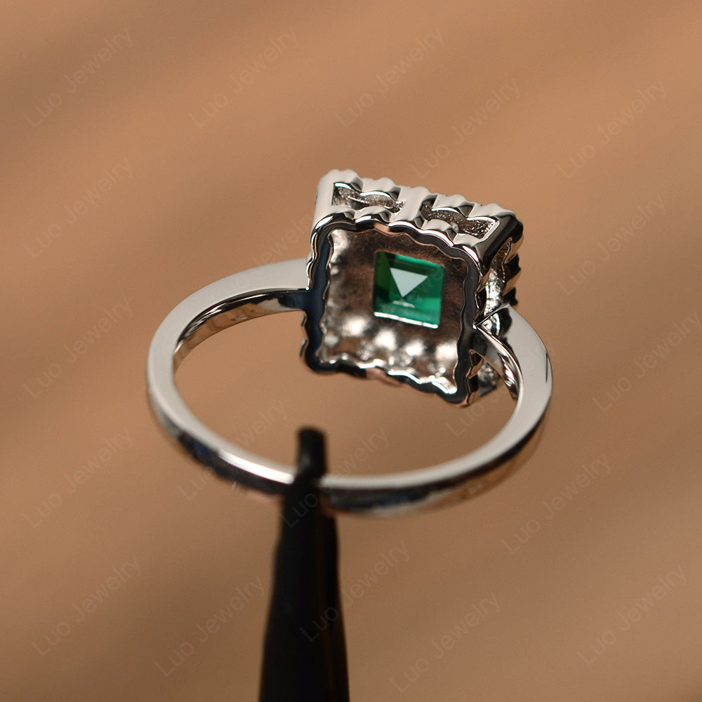 Square Cut Bezel Lab Emerald Halo Ring Silver - LUO Jewelry