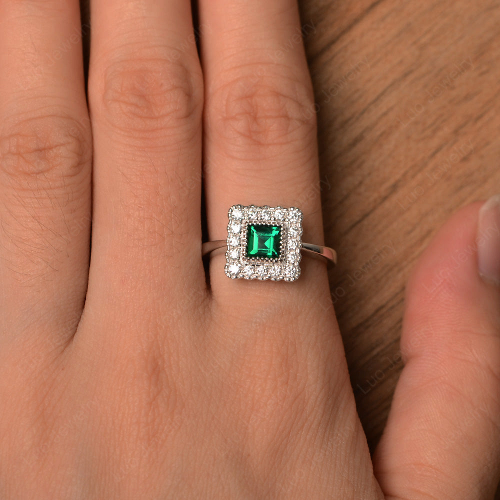Square Cut Bezel Lab Emerald Halo Ring Silver - LUO Jewelry