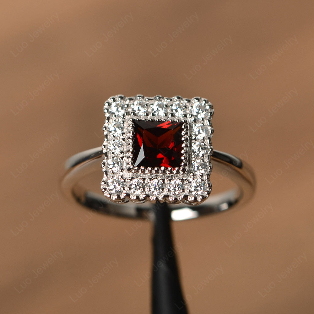 Princess Cut Bezel Garnet Halo Ring Silver - LUO Jewelry