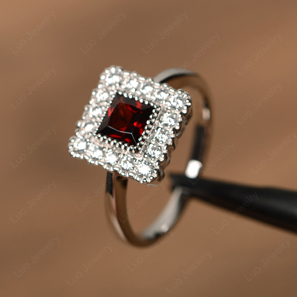 Princess Cut Bezel Garnet Halo Ring Silver - LUO Jewelry