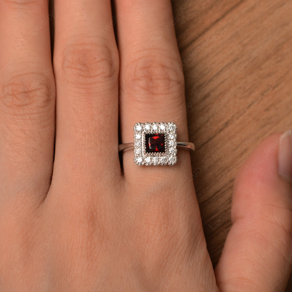 Princess Cut Bezel Garnet Halo Ring Silver - LUO Jewelry