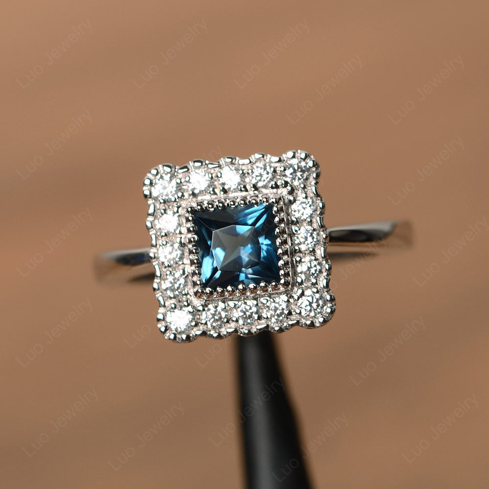 Princess Cut Bezel London Blue Topaz Halo Ring Silver - LUO Jewelry
