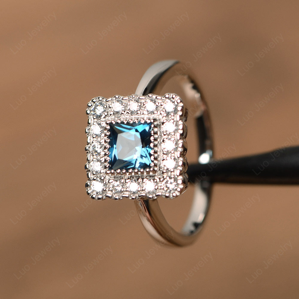 Princess Cut Bezel London Blue Topaz Halo Ring Silver - LUO Jewelry