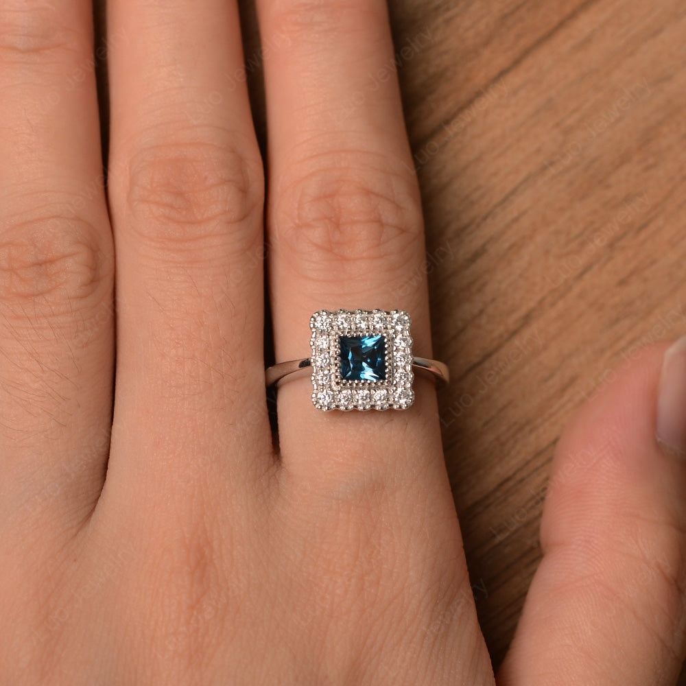 Princess Cut Bezel London Blue Topaz Halo Ring Silver - LUO Jewelry