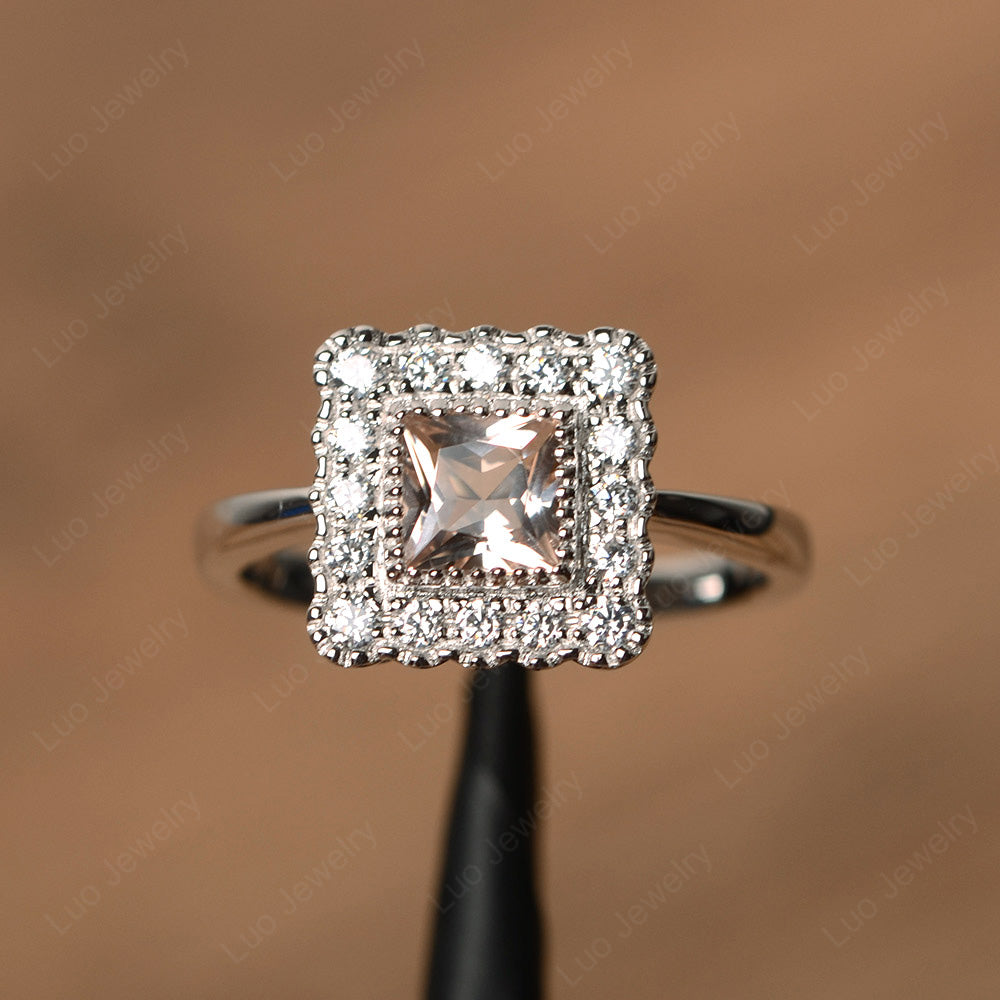 Princess Cut Bezel Morganite Halo Ring Silver - LUO Jewelry