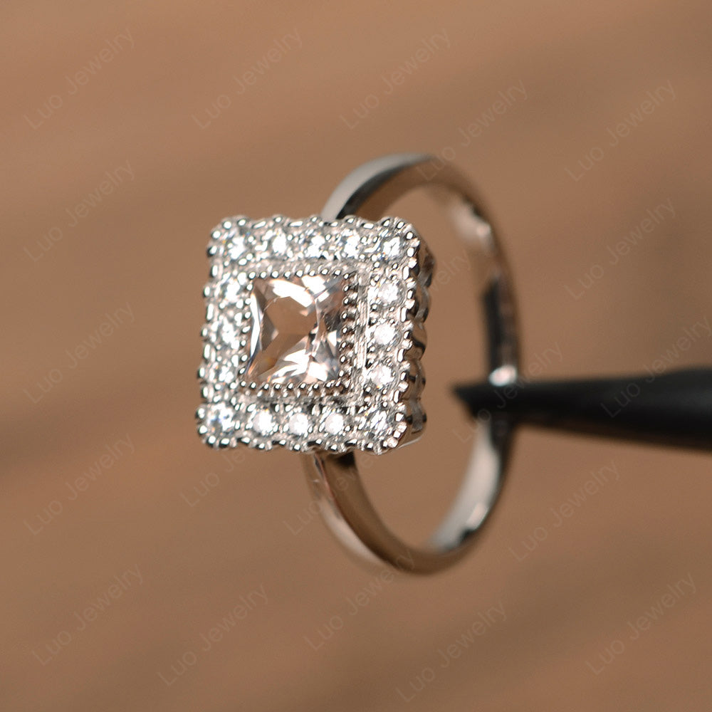 Princess Cut Bezel Morganite Halo Ring Silver - LUO Jewelry