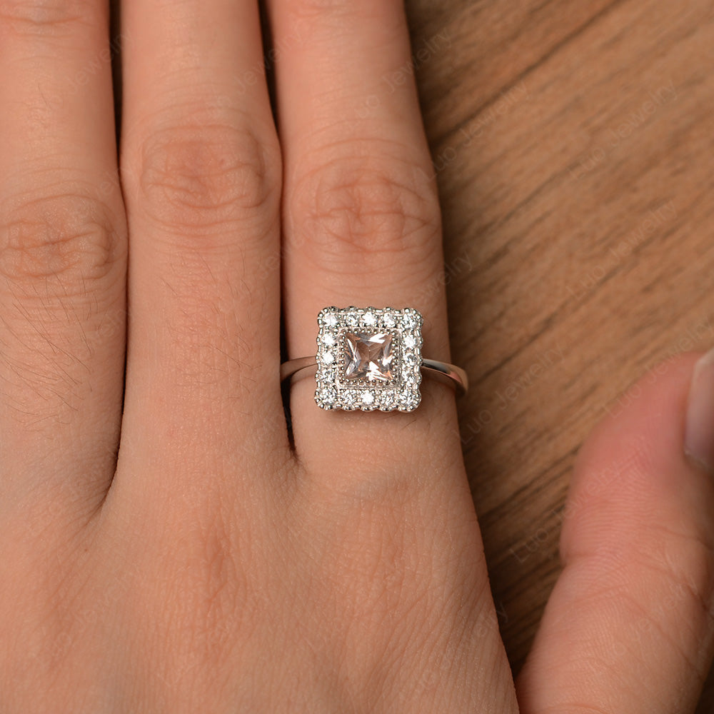Princess Cut Bezel Morganite Halo Ring Silver - LUO Jewelry