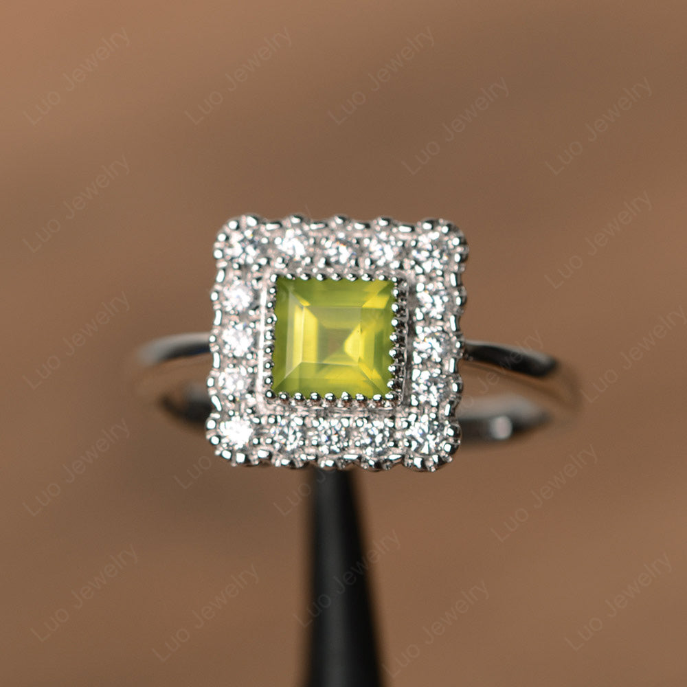 Square Cut Bezel Peridot Halo Ring Silver - LUO Jewelry