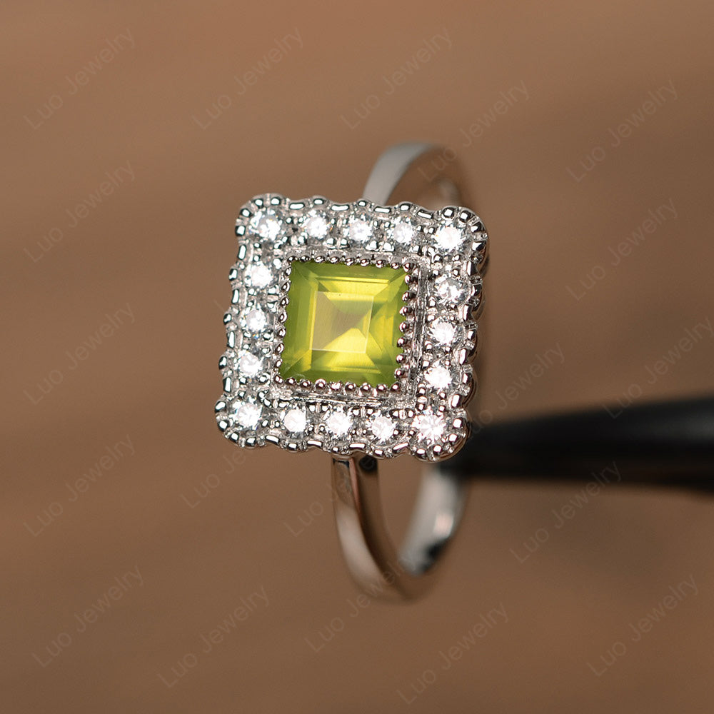 Square Cut Bezel Peridot Halo Ring Silver - LUO Jewelry