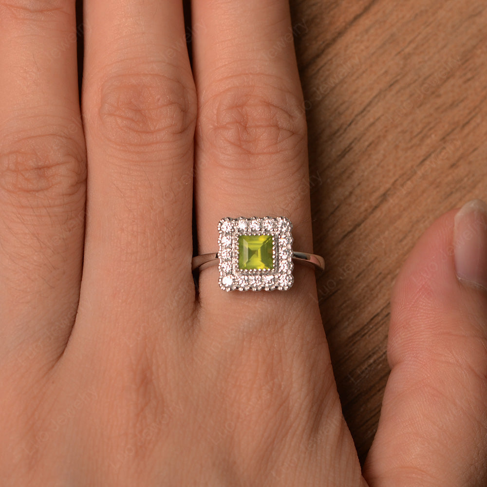 Square Cut Bezel Peridot Halo Ring Silver - LUO Jewelry