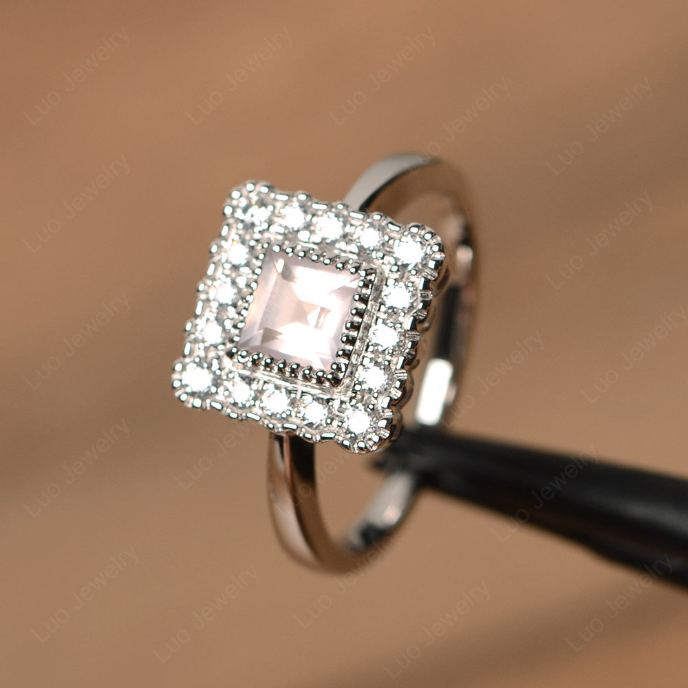 Square Cut Bezel Rose Quartz Halo Ring Silver - LUO Jewelry