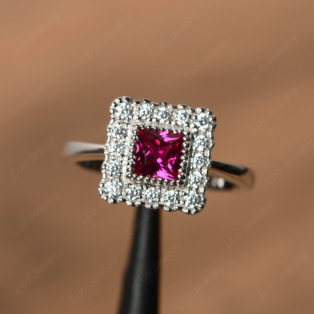 Princess Cut Bezel Ruby Halo Ring Silver - LUO Jewelry