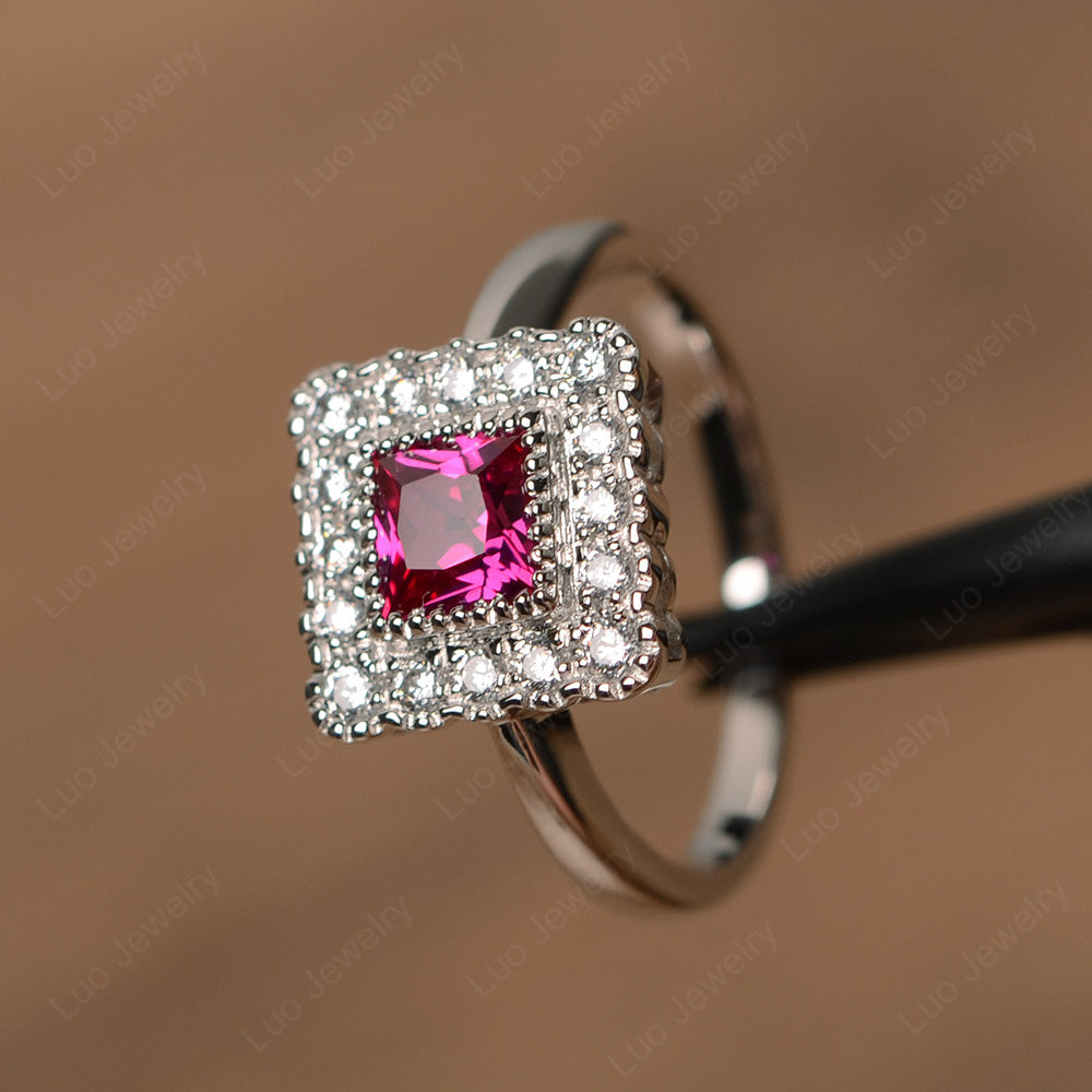 Princess Cut Bezel Ruby Halo Ring Silver - LUO Jewelry