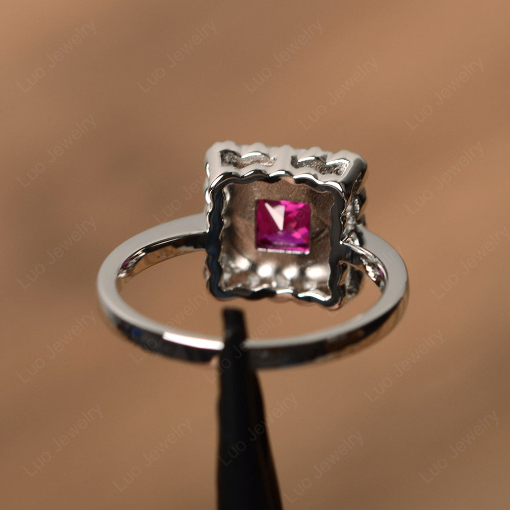 Princess Cut Bezel Ruby Halo Ring Silver - LUO Jewelry