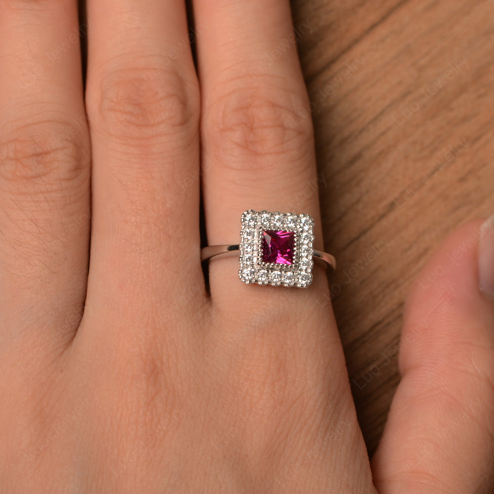 Princess Cut Bezel Ruby Halo Ring Silver - LUO Jewelry