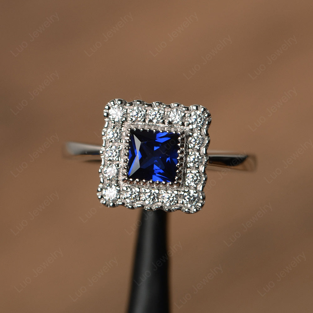 Princess Cut Bezel Lab Sapphire Halo Ring Silver - LUO Jewelry