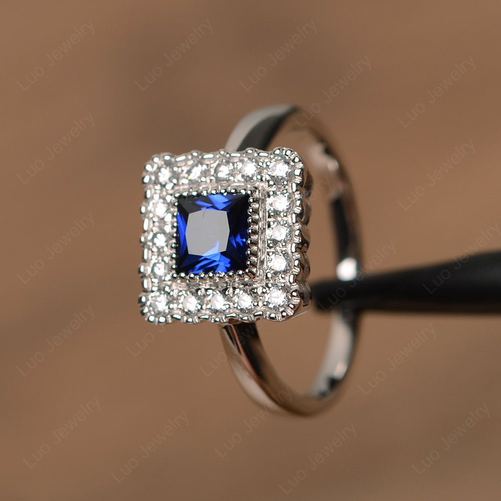 Princess Cut Bezel Lab Sapphire Halo Ring Silver - LUO Jewelry