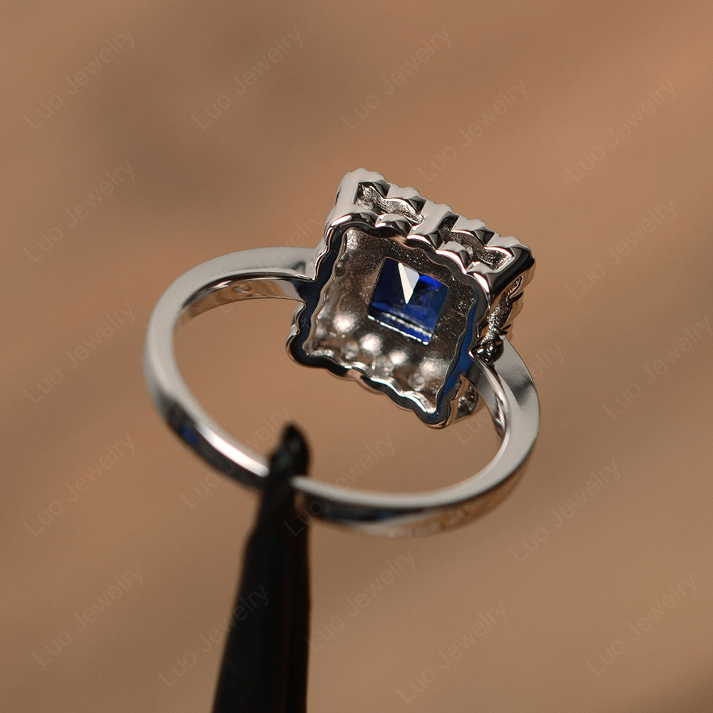 Princess Cut Bezel Lab Sapphire Halo Ring Silver - LUO Jewelry