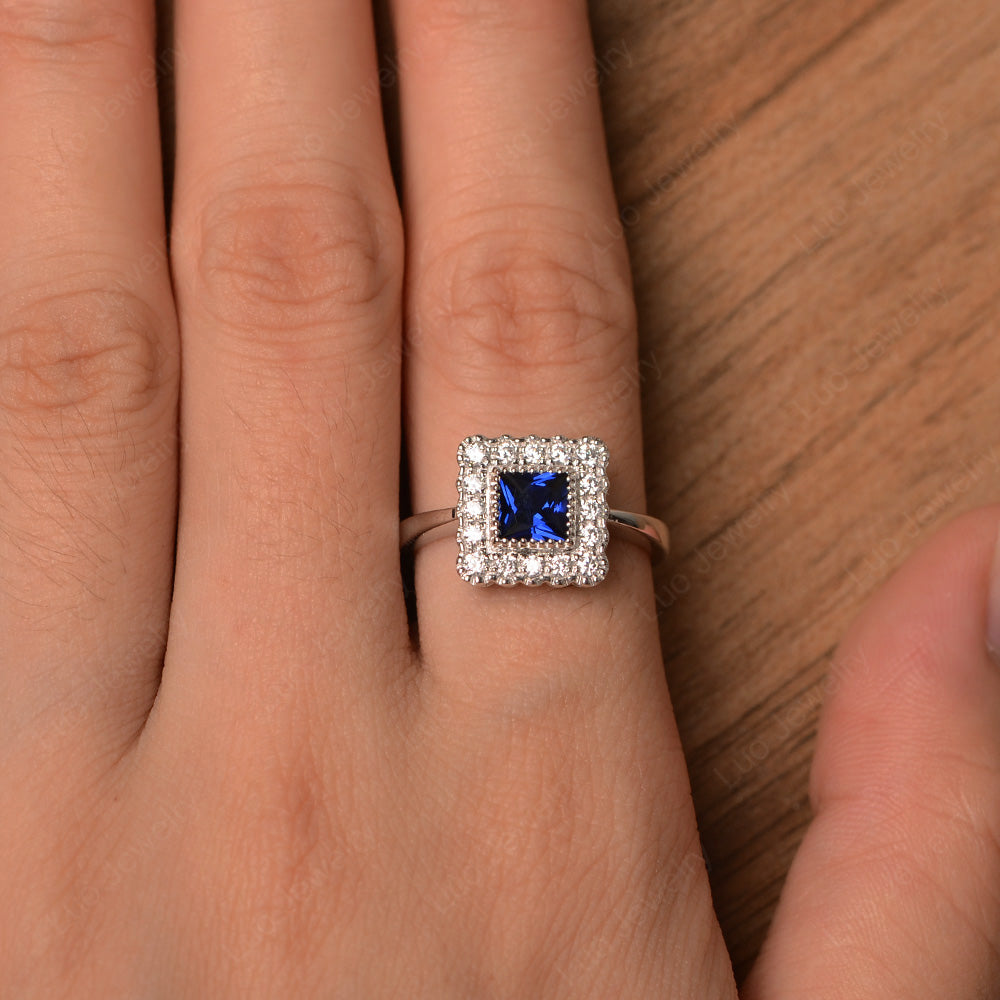 Princess Cut Bezel Lab Sapphire Halo Ring Silver - LUO Jewelry