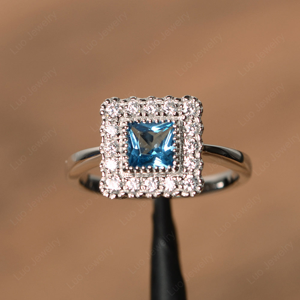 Princess Cut Bezel Swiss Blue Topaz Halo Ring Silver - LUO Jewelry