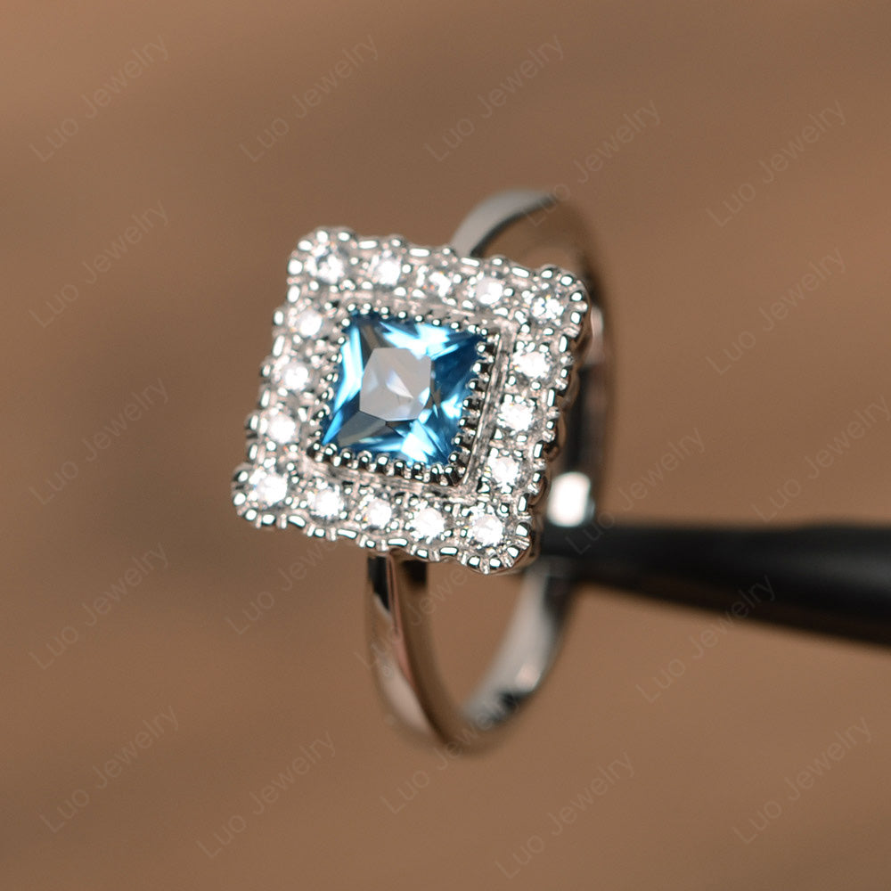 Princess Cut Bezel Swiss Blue Topaz Halo Ring Silver - LUO Jewelry