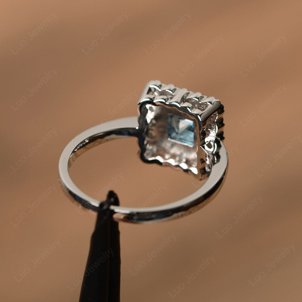 Princess Cut Bezel Swiss Blue Topaz Halo Ring Silver - LUO Jewelry