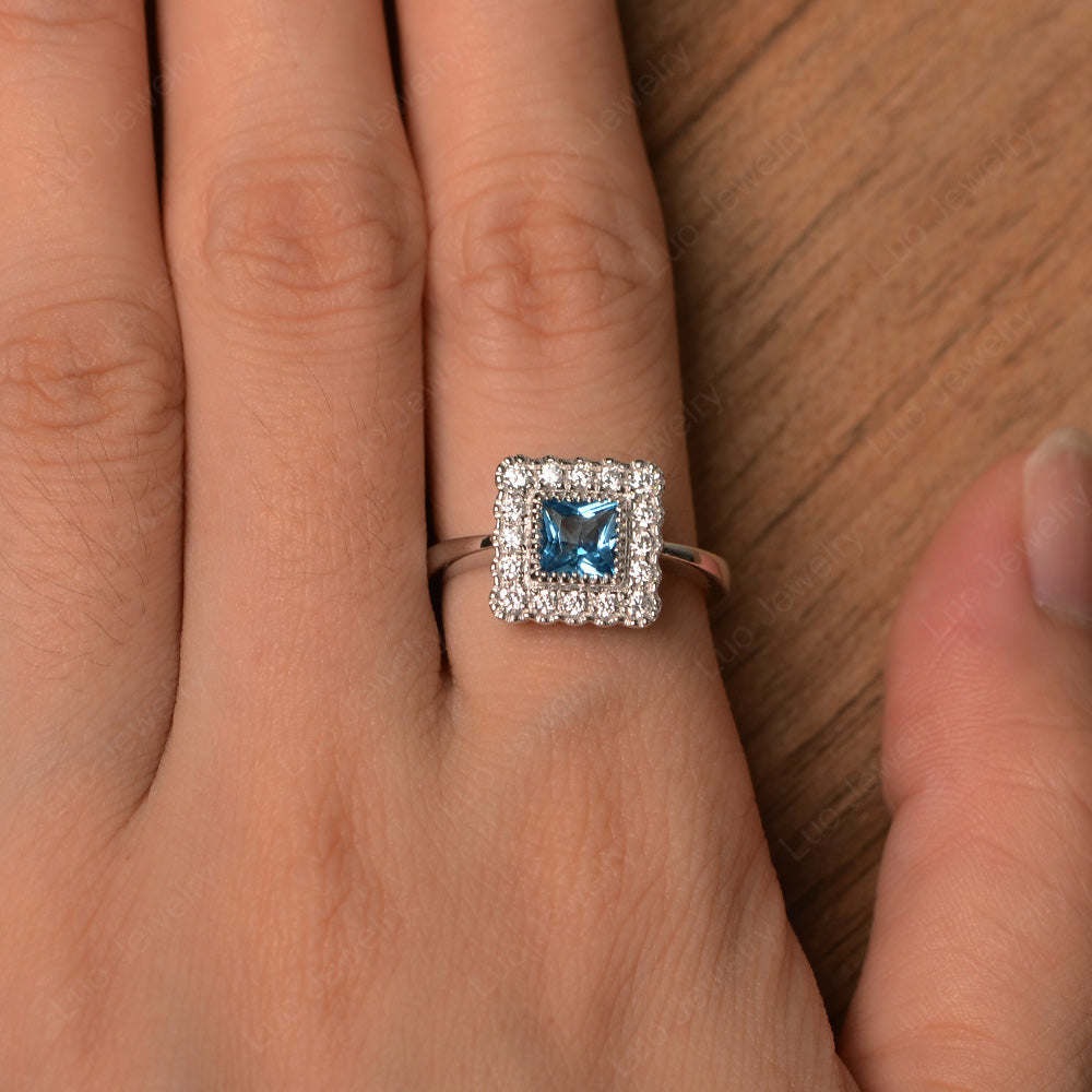 Princess Cut Bezel Swiss Blue Topaz Halo Ring Silver - LUO Jewelry