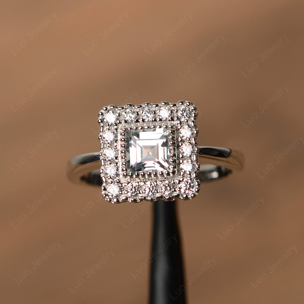 Square Cut Bezel White Topaz Halo Ring Silver - LUO Jewelry