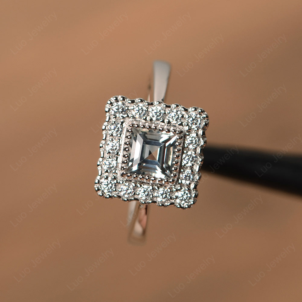 Square Cut Bezel White Topaz Halo Ring Silver - LUO Jewelry