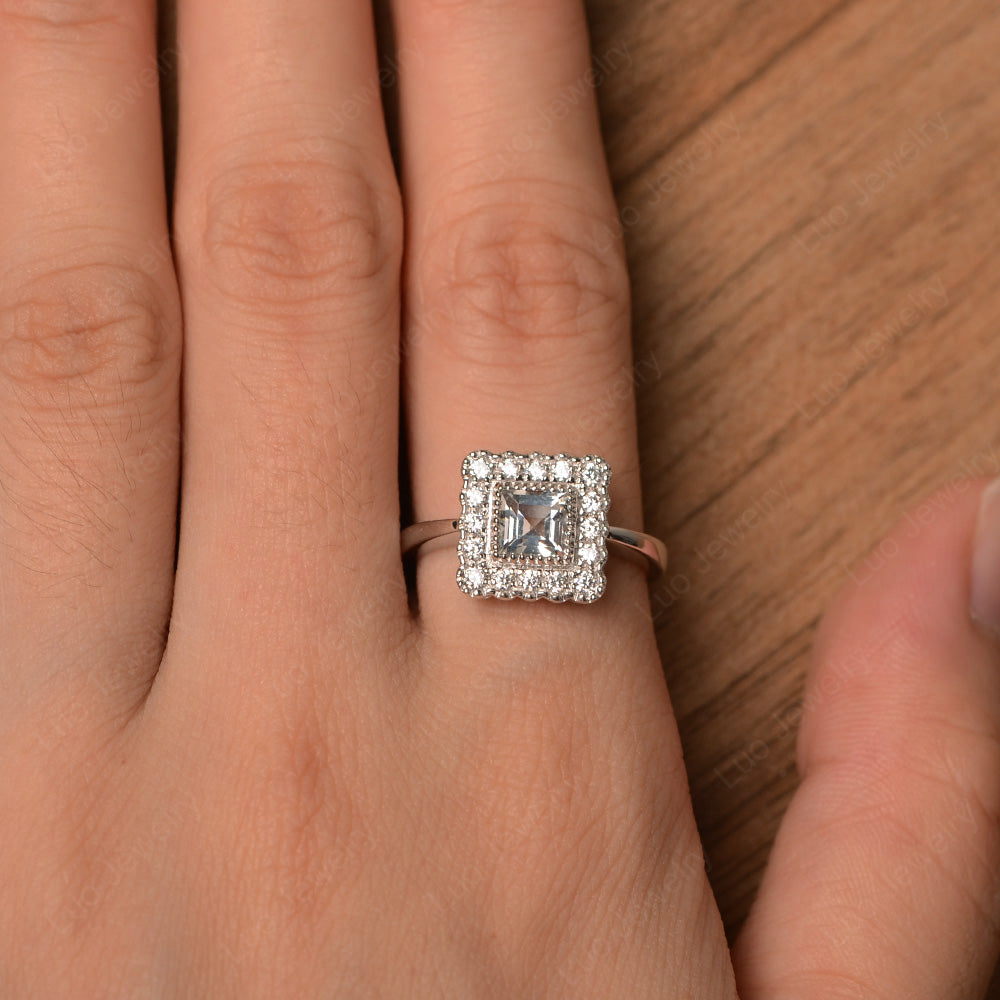 Square Cut Bezel White Topaz Halo Ring Silver - LUO Jewelry