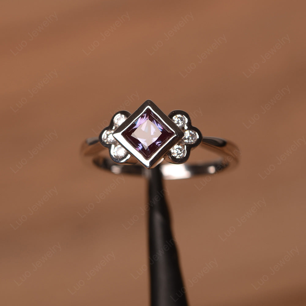 Dainty Alexandrite Ring Princess Cut Bezel Set - LUO Jewelry