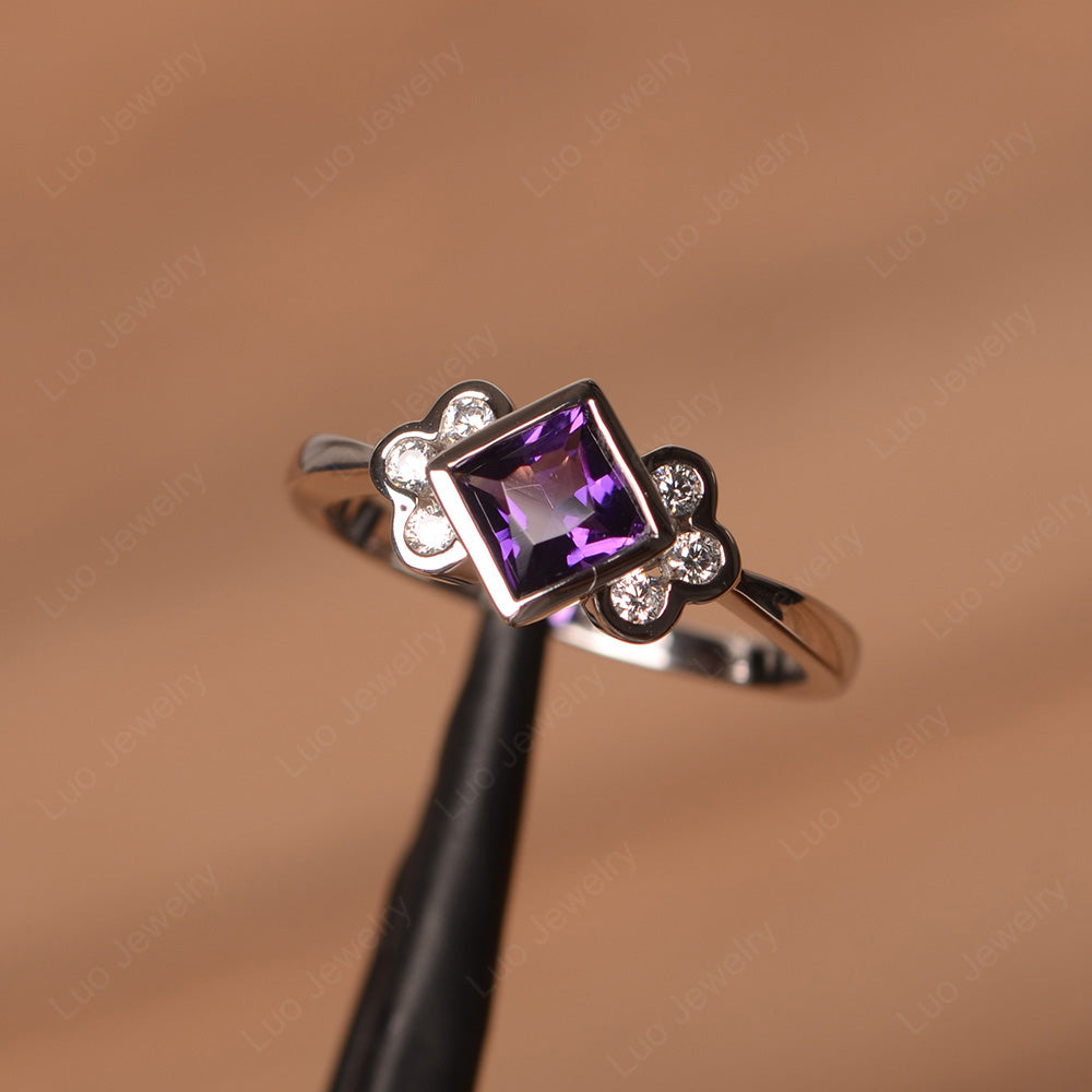 Dainty Amethyst Ring Princess Cut Bezel Set - LUO Jewelry