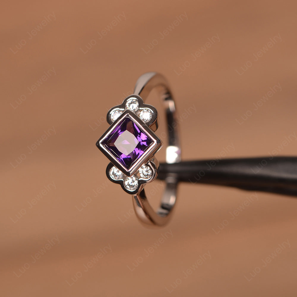 Dainty Amethyst Ring Princess Cut Bezel Set - LUO Jewelry