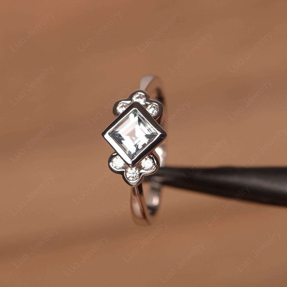 Dainty Aquamarine Ring Square Cut Bezel Set - LUO Jewelry