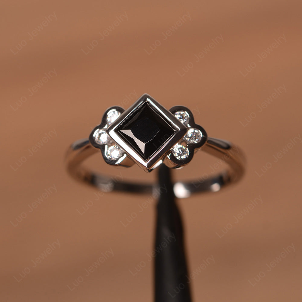 Dainty Black Spinel Ring Princess Cut Bezel Set - LUO Jewelry