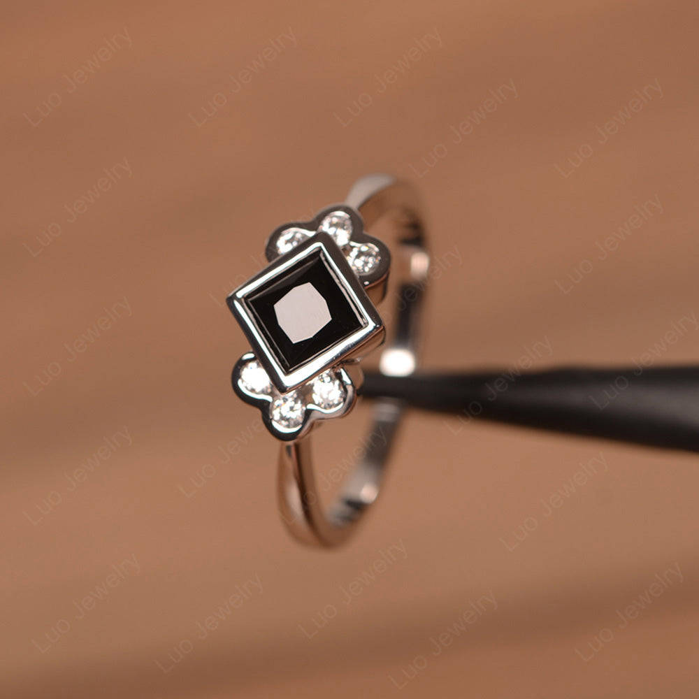 Dainty Black Spinel Ring Princess Cut Bezel Set - LUO Jewelry