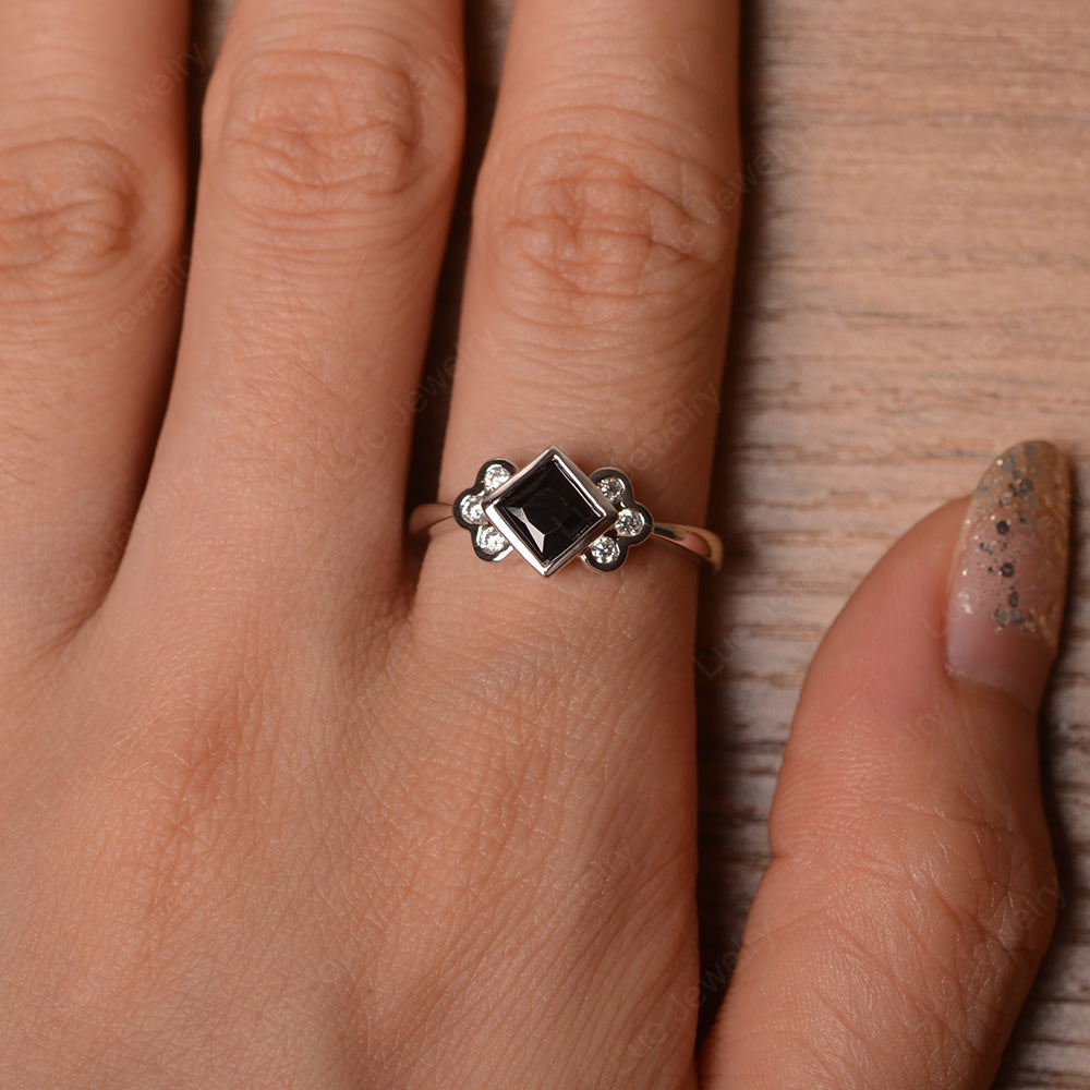 Dainty Black Spinel Ring Princess Cut Bezel Set - LUO Jewelry