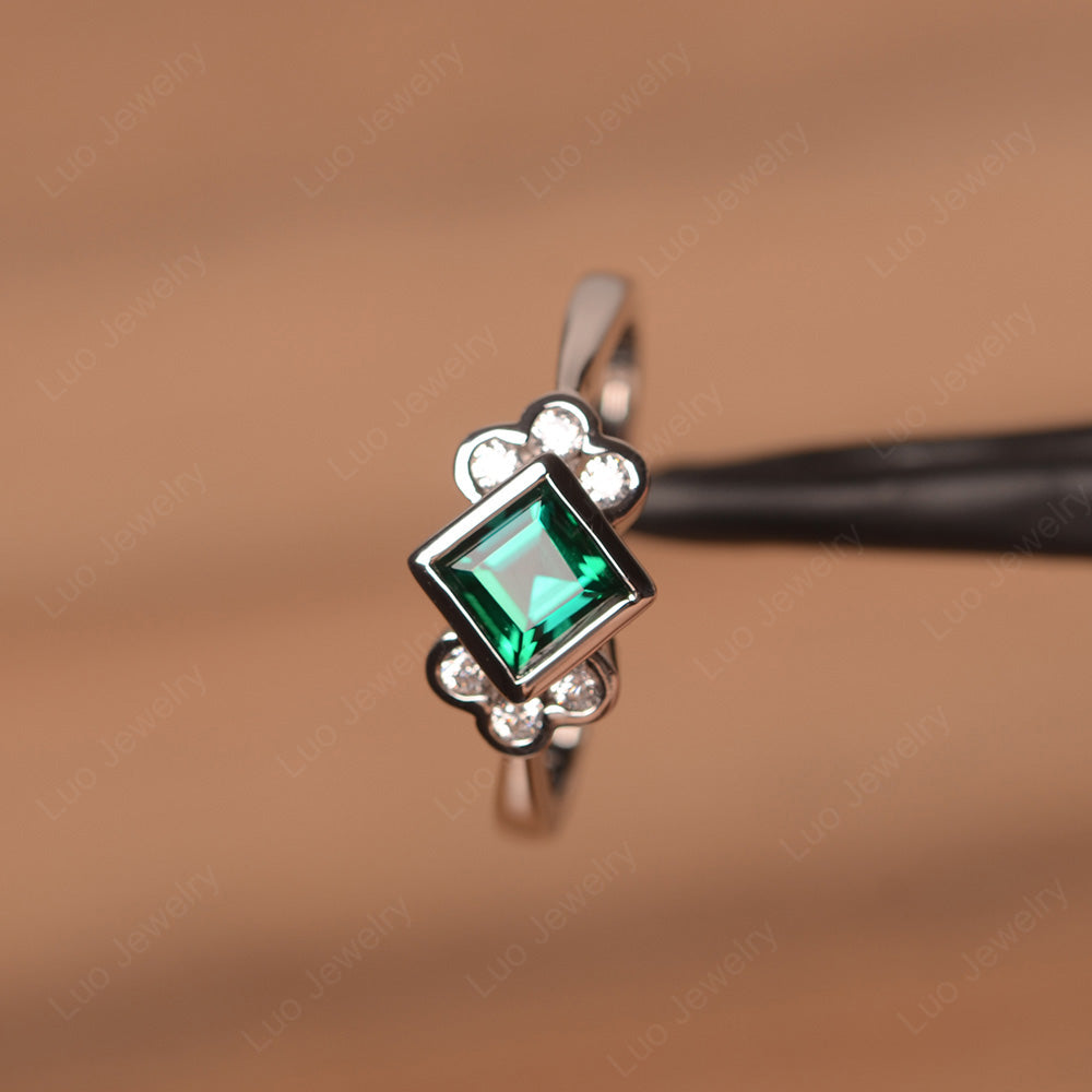 Dainty Lab Emerald Ring Square Cut Bezel Set - LUO Jewelry