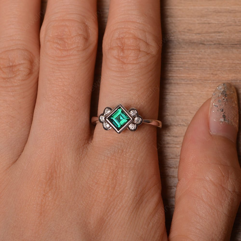 Dainty Lab Emerald Ring Square Cut Bezel Set - LUO Jewelry