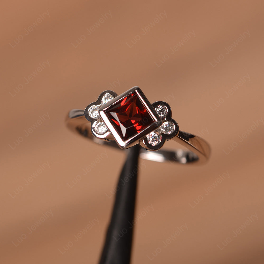 Dainty Garnet Ring Princess Cut Bezel Set - LUO Jewelry