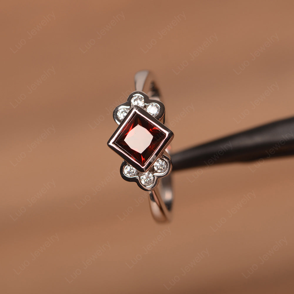 Dainty Garnet Ring Princess Cut Bezel Set - LUO Jewelry