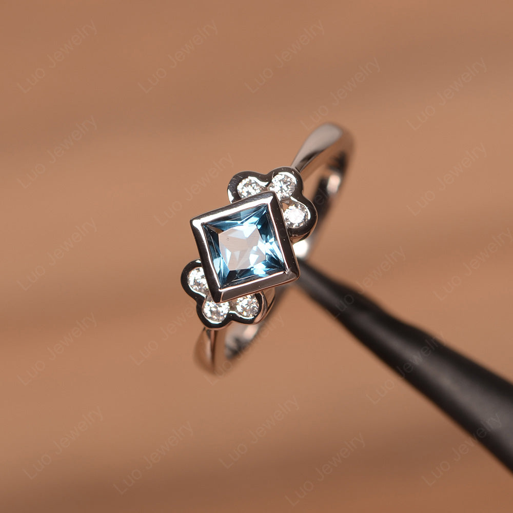 Dainty London Blue Topaz Ring Princess Cut Bezel Set - LUO Jewelry