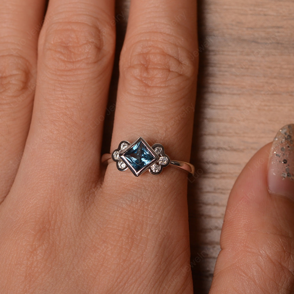 Dainty London Blue Topaz Ring Princess Cut Bezel Set - LUO Jewelry