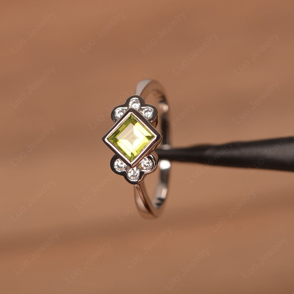 Dainty Peridot Ring Square Cut Bezel Set - LUO Jewelry