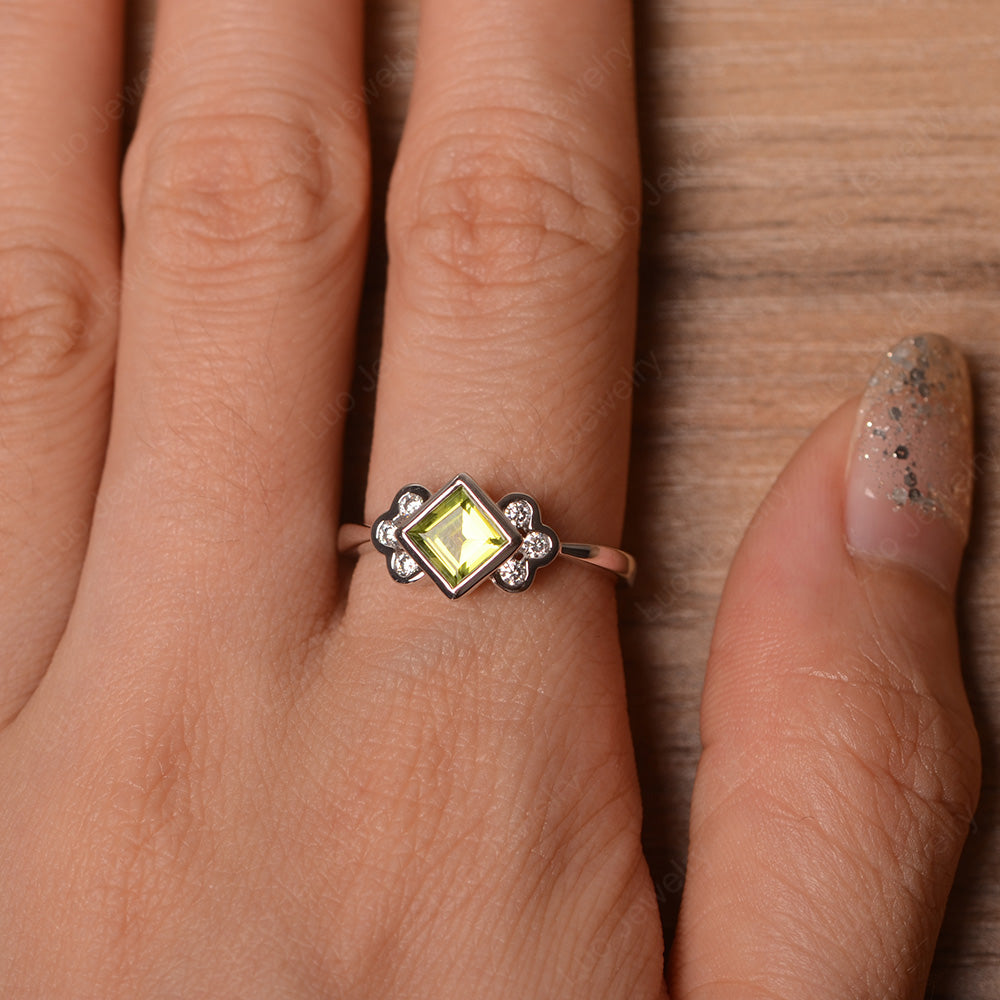 Dainty Peridot Ring Square Cut Bezel Set - LUO Jewelry