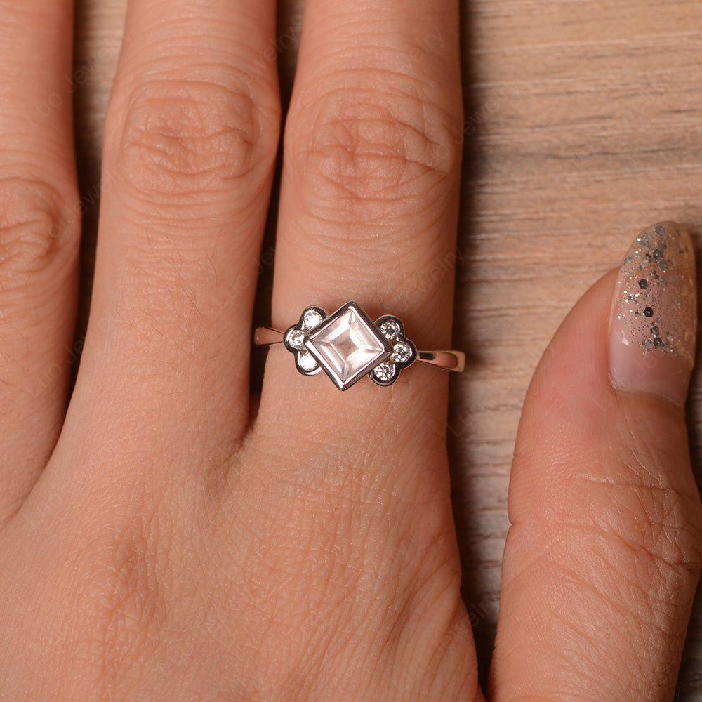 Dainty Rose Quartz Ring Square Cut Bezel Set - LUO Jewelry